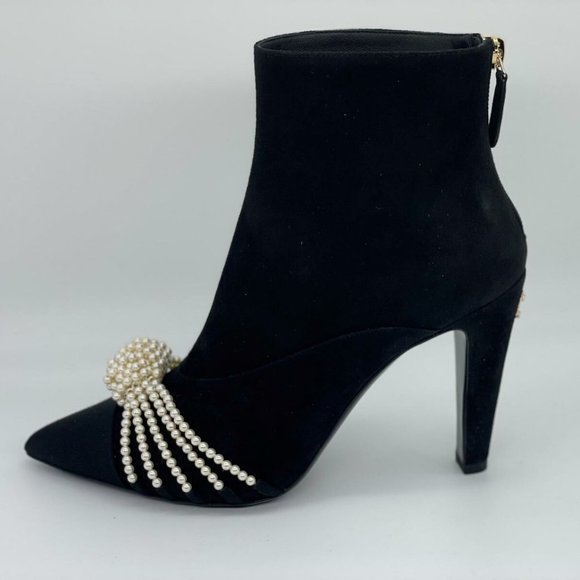 CHANEL 20A Suede Pearl Embellished CC Logo Heels Ankle Booties Boots - Picture 1 of 13